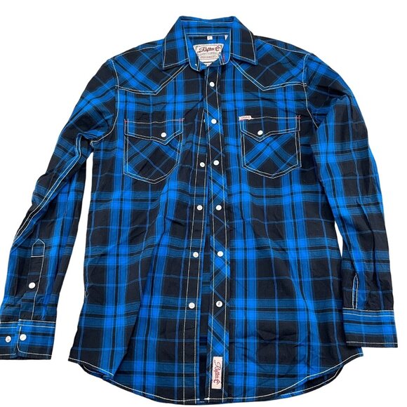 Cavender Rafter C Shirt Men Small Blue‎ Black Plaid Flex 45 Snap Cowboy Western - Picture 2 of 11